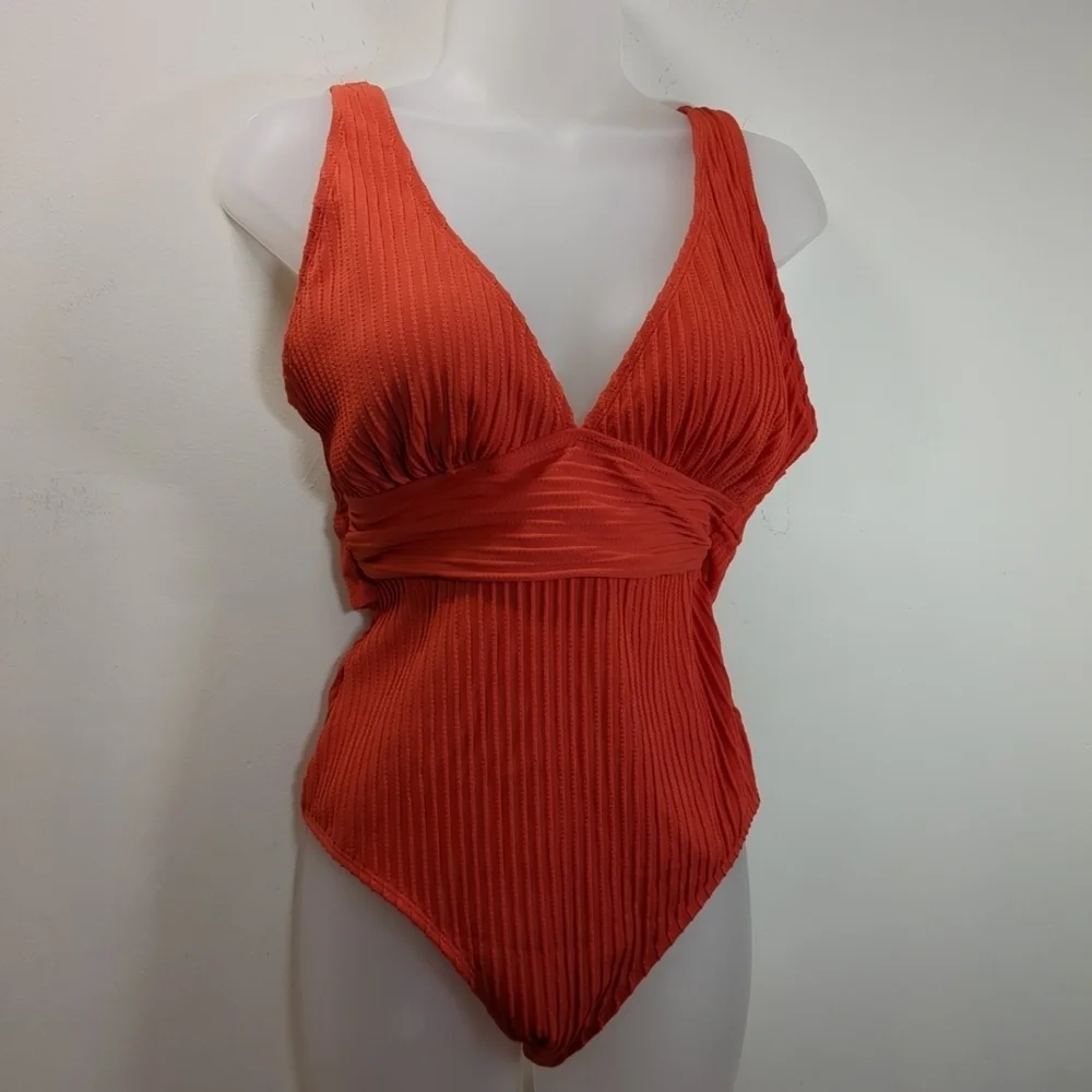 Cupshe Women's One Piece Swimsuit Plunge Ruffled Tummy Orange NWT , Size L